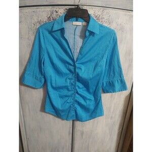 New York & Company Stretch Collared Button Up Blouse Blue Small Y2K